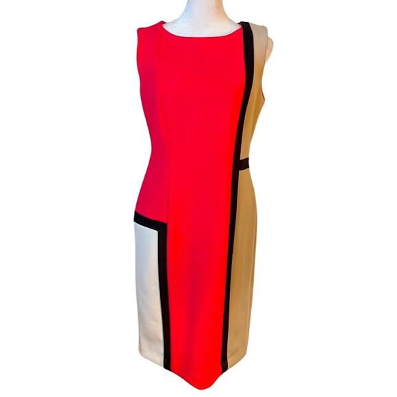 Calvin Kleine Pink Black White Tan Color Block Sheath Dress Size 8 - Picture 1 of 6